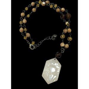 Vintage Carved Quartz Pendant Necklace With Beaded Chain